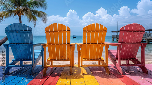colorful beach chairs on a vibrant deck, ocean view photo