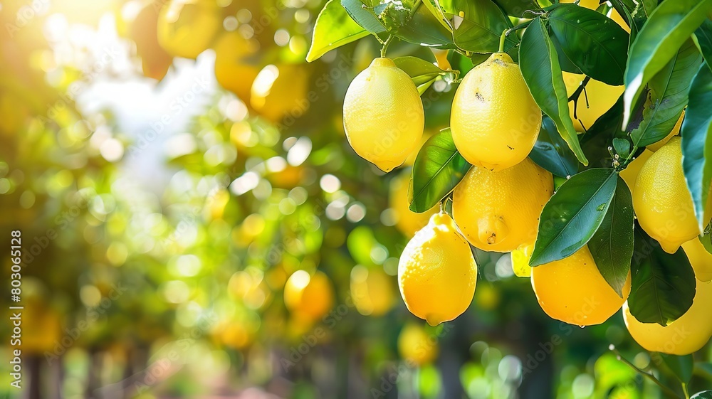 Close up of Lemons hanging from a tree in a lemon grove .Generative AI, Close up of Lemons hanging from a tree in a lemon grove .Generative AI,