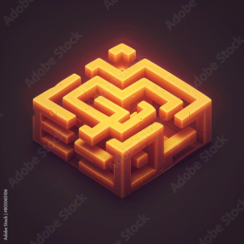 Glowing orange 3D maze on a dark background. photo