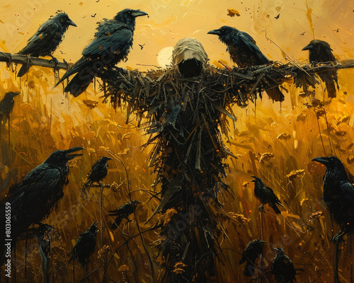 A murder of crows perched on the scarecrows outstretched arms, cawing loudly in the early morning light photo