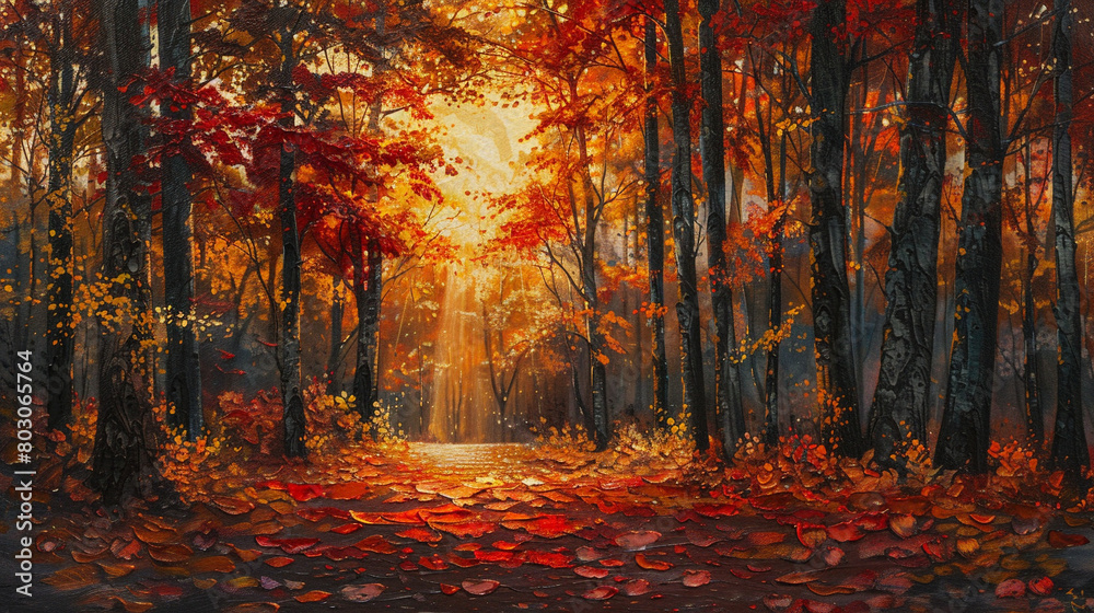 Fototapeta premium Create a serene scene of delicate leaves gracefully descending from the trees and painting the ground in a tapestry of reds, oranges, and yellows