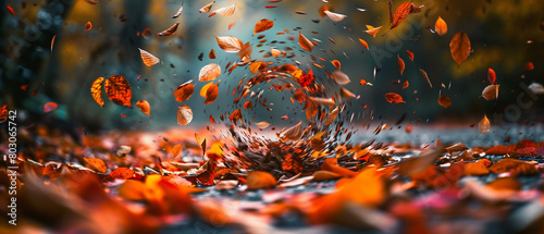 Capture the essence of autumn with a swirling vortex of colorful foliage gently fluttering to the ground photo