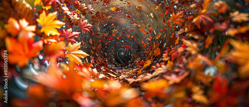 Capture the essence of autumn with a swirling vortex of colorful foliage gently fluttering to the ground