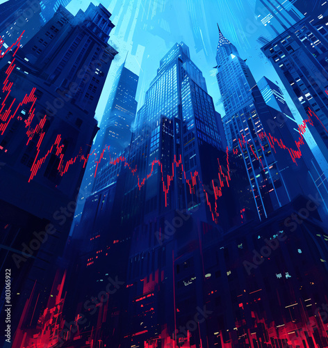 graphic depiction of skyscrapers with a red overlay resembling stock market data. photo