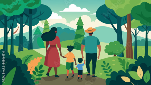 A family walking through a section of a community forest filled with trees representing different states. As they stop to admire the beauty and. Vector illustration