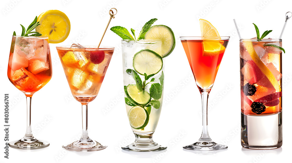 Cocktails, isolated background, colorful and refreshing drinks Cocktails, isolated background, colorful and refreshing drinks