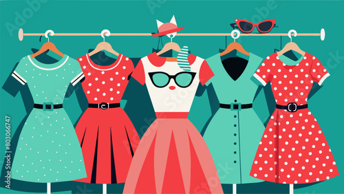 A rack filled with 1950s swing dresses polka dot blouses and cateye sunglasses.. Vector illustration