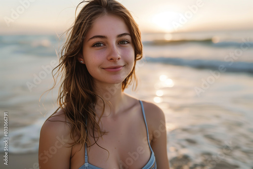 Caucasian woman in bikini looking at camera with confidence at the beach. © S photographer