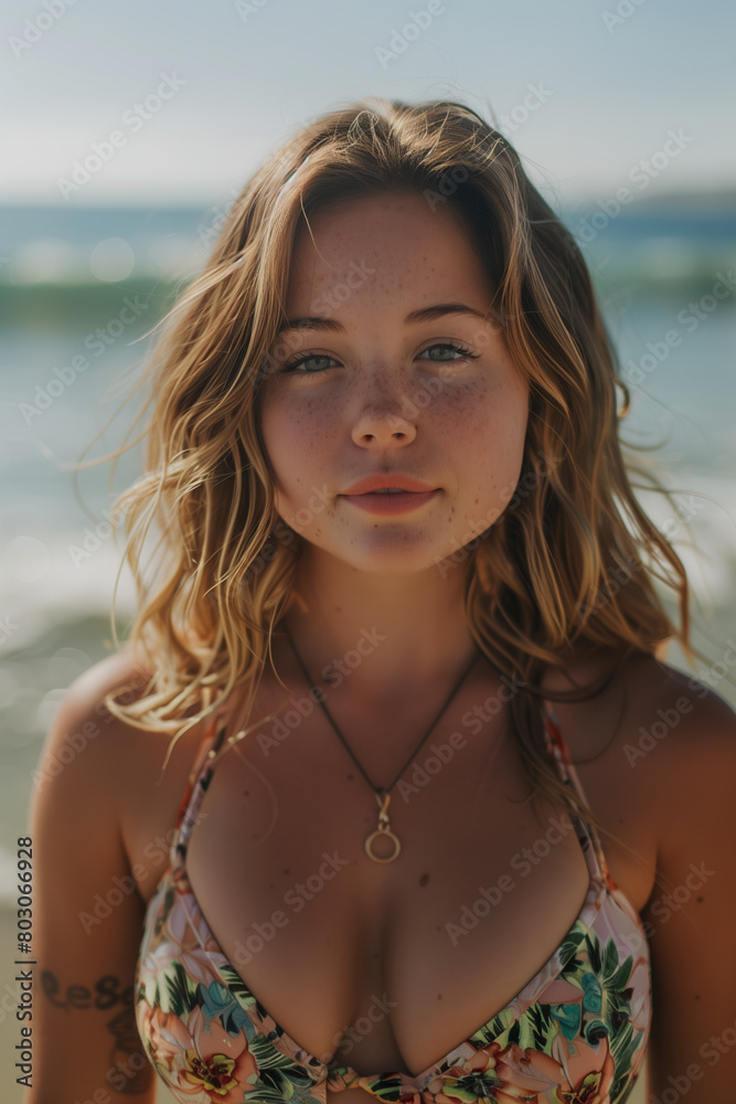 Caucasian woman in bikini looking at camera with confidence at the beach. Caucasian woman in bikini looking at camera with confidence at the beach.