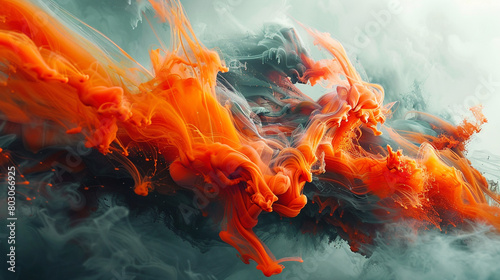 Ink drops of burnt orange and crimson flowing like lava, shaping a fantastical, dreamlike mountainscape photo