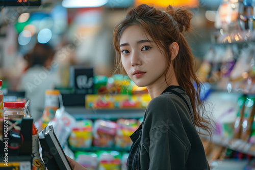 Asian female cashier working with merchandise in convenience store.