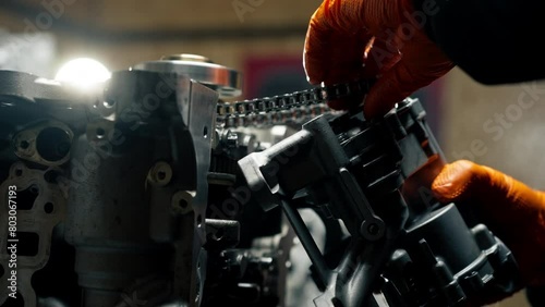 close-up At a service station close-up of the engine part of car replacement of spare parts