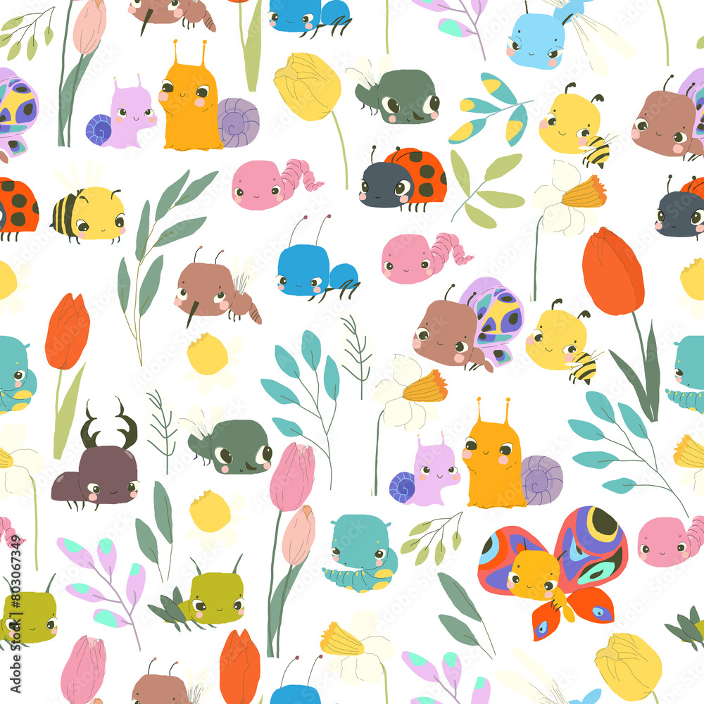 Naklejka premium Vector Seamless Pattern with Cute Baby Insects, Flowers and Plants