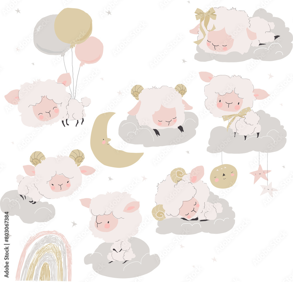 Cartoon Set with Cute Lambs sleeping on Clouds. Vector Set
