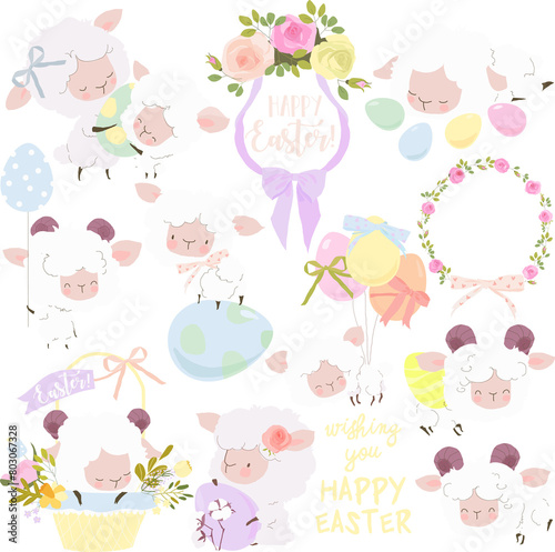 Vector Easter Set with Cute White Sheep and Easter Eggs