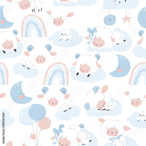 Vector Seamless Pattern with Cute Lambs sleeping on Clouds