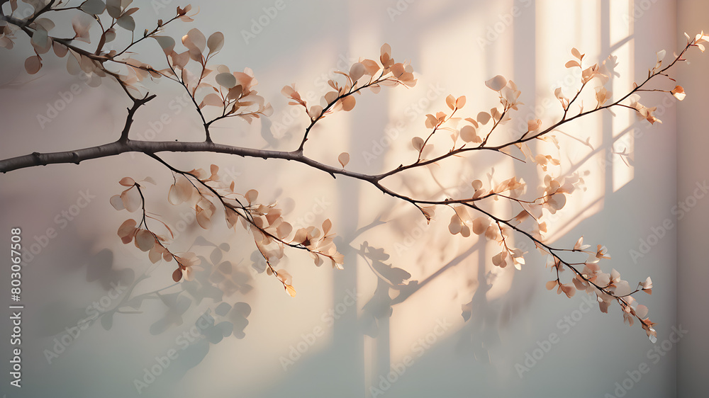 Painting of light reflection on wall with branch. Watercolor pastel colors aesthetic minimalism background with neutral style. Empty wall with color gradients as elegant and simple backdrop