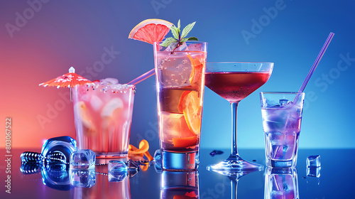 Cocktails, isolated background,  colorful and refreshing drinks