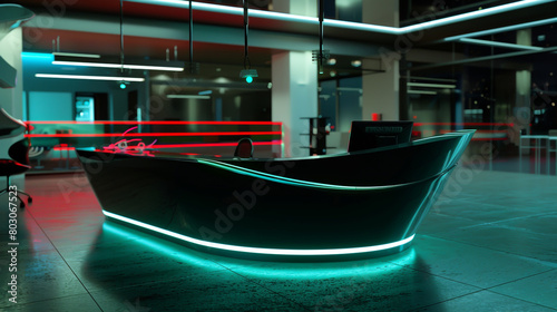 a reception desk that has neon lights in a modern office