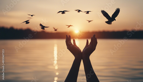 Hands open palm up worship with birds flying over calm water sunset background. Concept of praying  © abu