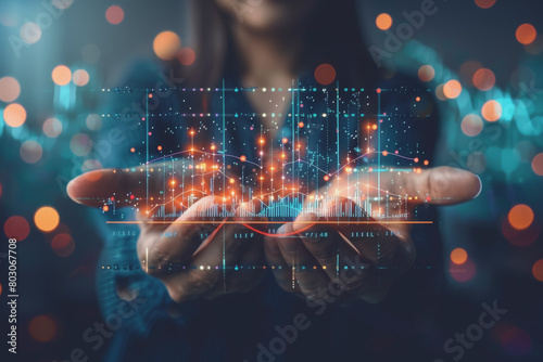 Businessman holding stock market graphic, networking, and data analytics connection, network.