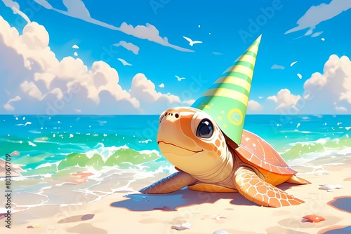 cartoon turtle wearing a birthday hat on the beach