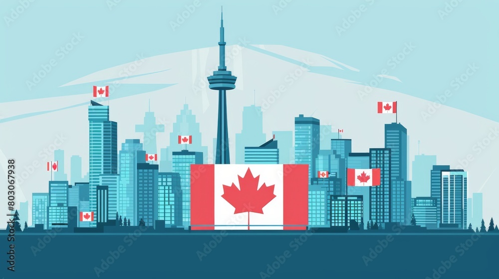 Naklejka premium Vibrant Toronto Skyline Illustration with Canadian Flags