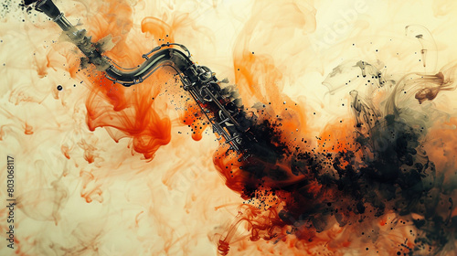 A abstract illustration of a musical instrument, composed entirely of ink drops in warm tones photo