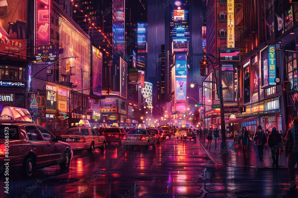 A detailed digital painting of a bustling city street at night, with neon signs illuminating the buildings and people walking on the sidewalks. A detailed digital painting of a bustling city street at night, with neon signs illuminating the buildings and people walking on the sidewalks.