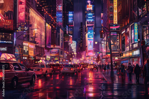 A detailed digital painting of a bustling city street at night, with neon signs illuminating the buildings and people walking on the sidewalks.