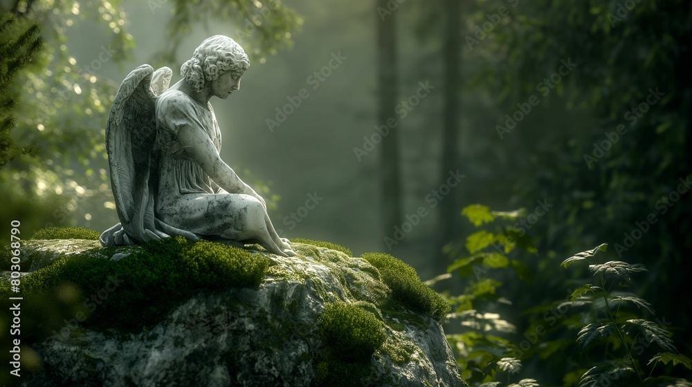 Serene angel statue seated on a moss-covered rock in a sunlit forest. Serene angel statue seated on a moss-covered rock in a sunlit forest.