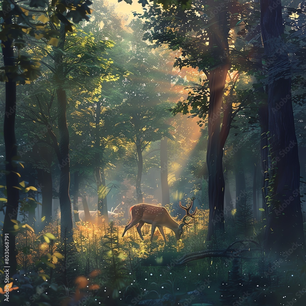 Fototapeta premium Mystic Dawn A Majestic Deer Grazing in the Misty Forest