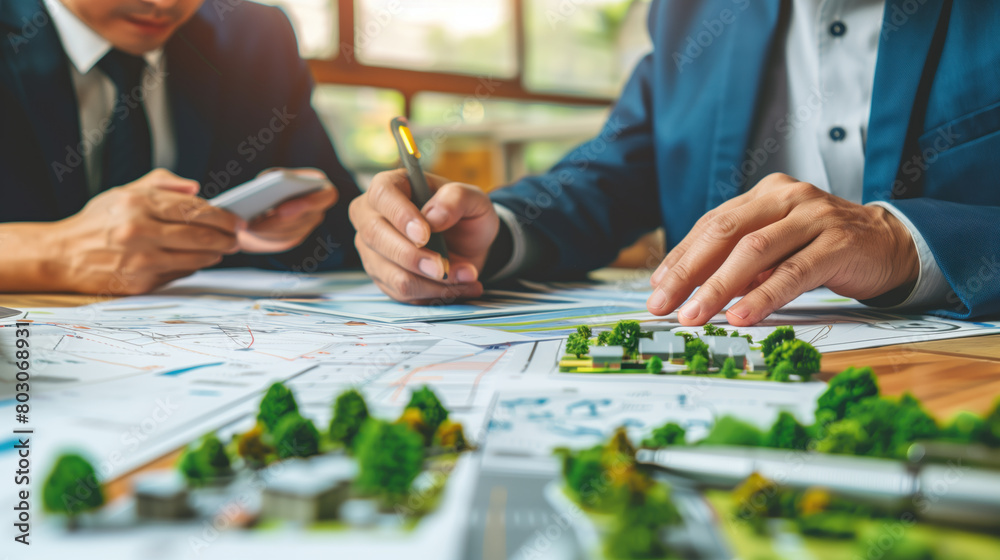 Fototapeta premium Urban planners discussing a city development project with a model and maps.