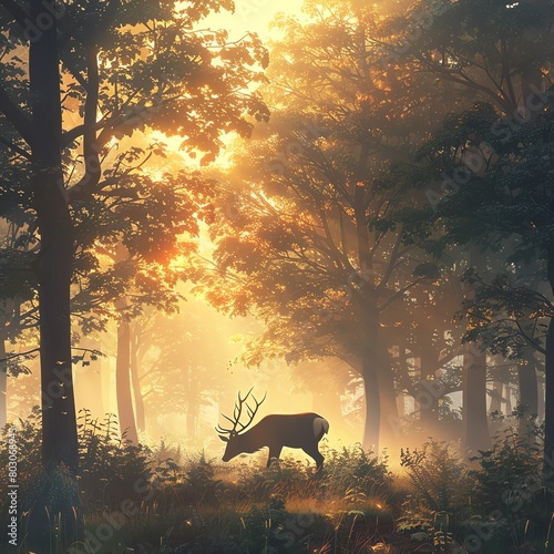 Mystic Dawn A Majestic Deer Grazing in the Misty Forest © Sunisa