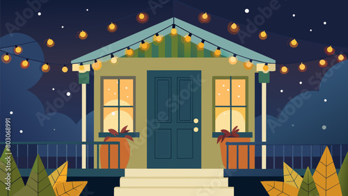 A set of LED solarpowered fairy lights illuminating a front porch adding a touch of ecofriendly holiday cheer.. Vector illustration