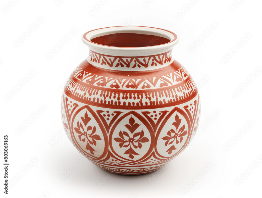 Hand painted clay vase with floral and geometric patterns