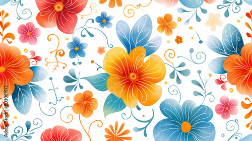 Wallpaper Mural Vector illustration of colorful flowers and swirls on a white background, seamless pattern for gift wrap paper or textile print, a cute retro design in a playful and cheerful style. Torontodigital.ca