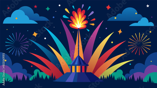 A colorful display of fireworks lighting up the sky above a communitys freedom bonfire symbolizing the triumph of freedom over oppression.. Vector illustration