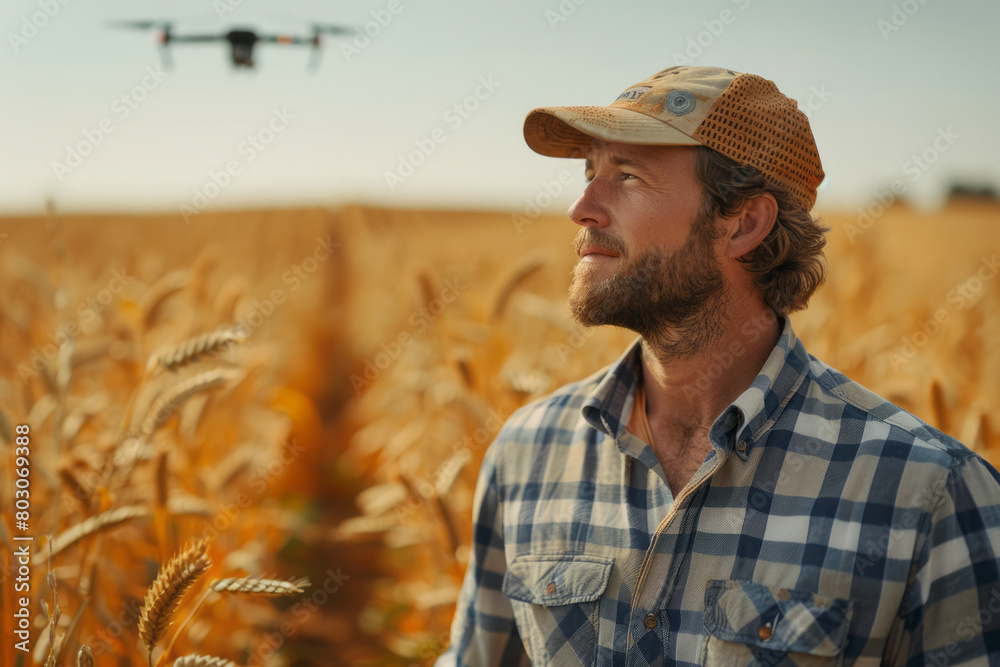 An agricultural engineer using drone technology to assess crop health, where flight paths are calculated using mathematical algorithms,