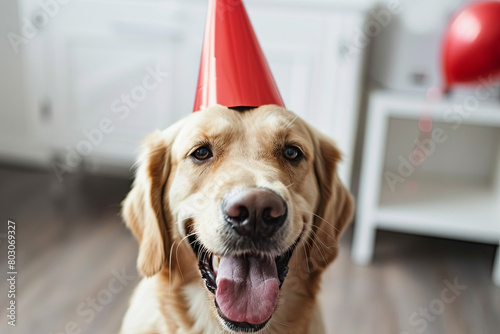 dog celebrating with red pary hat and blow-out 