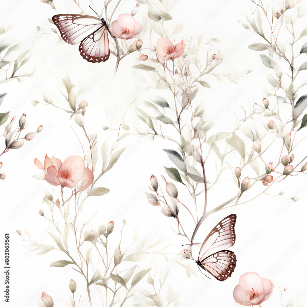 Fototapeta premium Watercolor butterfly, flower and leaves seamless pattern. Beautiful delicate background with nature elements for textile, print, fabric