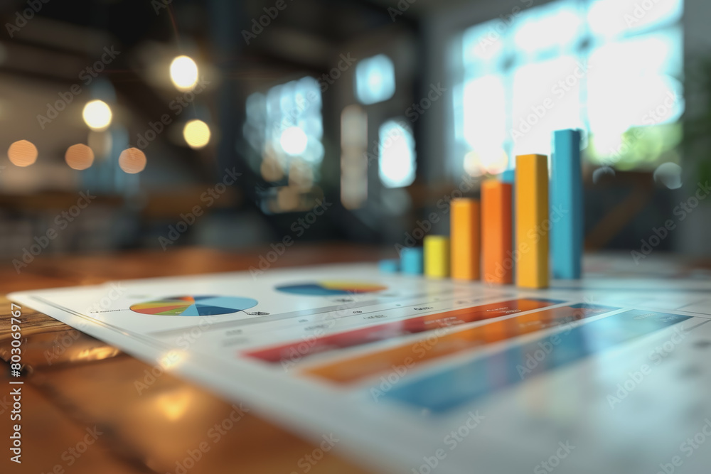 Graph charts that are models are inside the office. Show financial balance. AI generated.