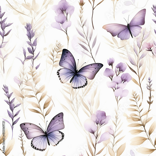 Watercolor butterfly, flower and leaves seamless pattern. Beautiful delicate background with nature elements for textile, print, fabric