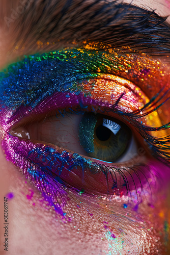 Close up view of female eye with bright multicolored fashion makeup. Holi indian color festival inspired. Studio macro shot 