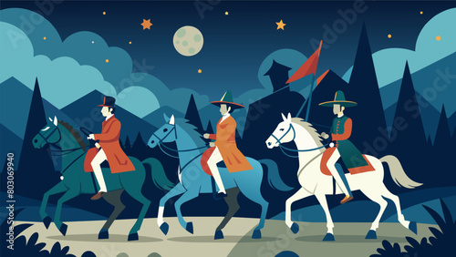 A group of actors on horseback portraying revolutionary soldiers on a daring midnight ride to warn of the approaching British troops.. Vector illustration