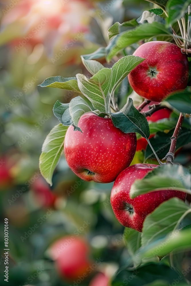 Obraz premium Red apples on tree ready to be harvested. Ripe red apple fruits in apple orchard. Selective focus 