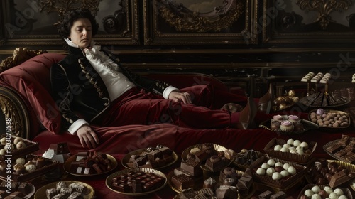 Regal Elegance: Aristocrat Lounging Amidst Opulent Chocolate Feast