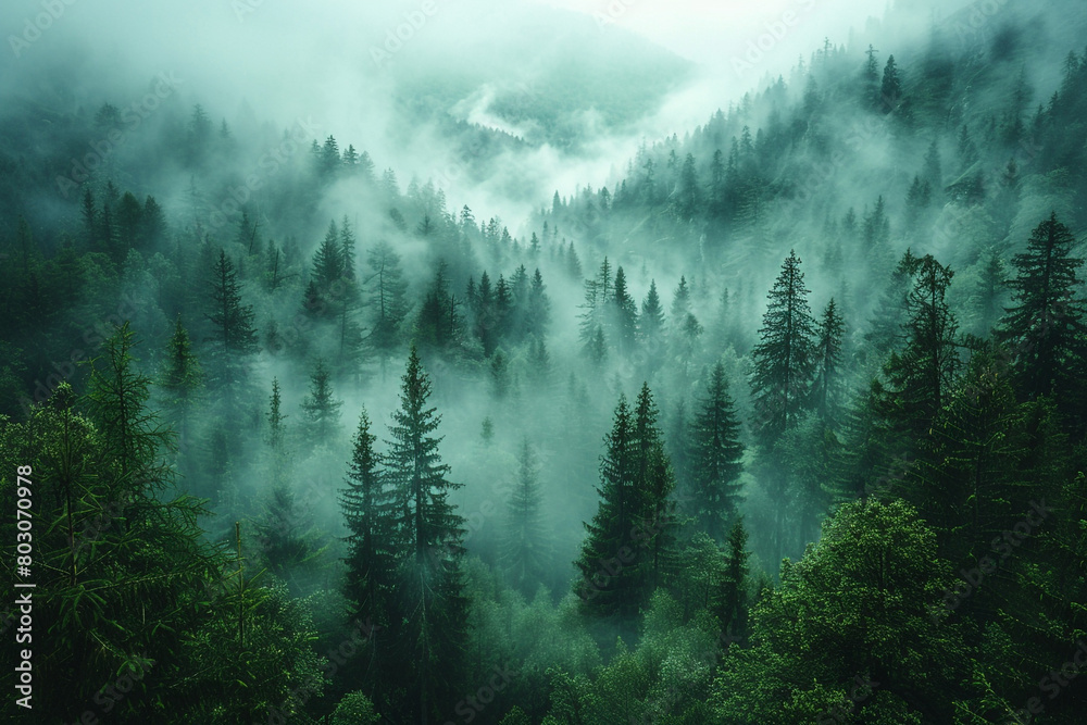 A mist-covered forest at dawn, inspiring feelings of mystery and anticipation in the mind.