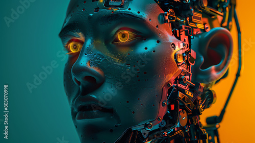 AI Assimilation: Human to Robot Transition with Joyful AI Concept - Conceptual Image Showing Young Human Transforming into Happy Robotic Form, Initiated by AI, Beginning from the Head © LiezDesign