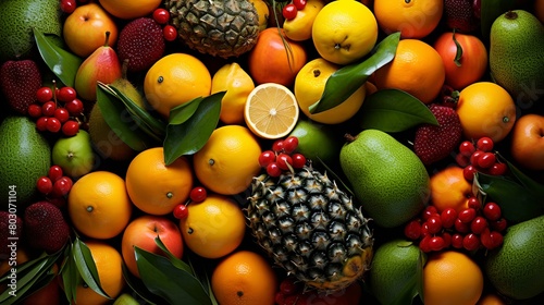 A vibrant pile of various fruits  artistically arranged 